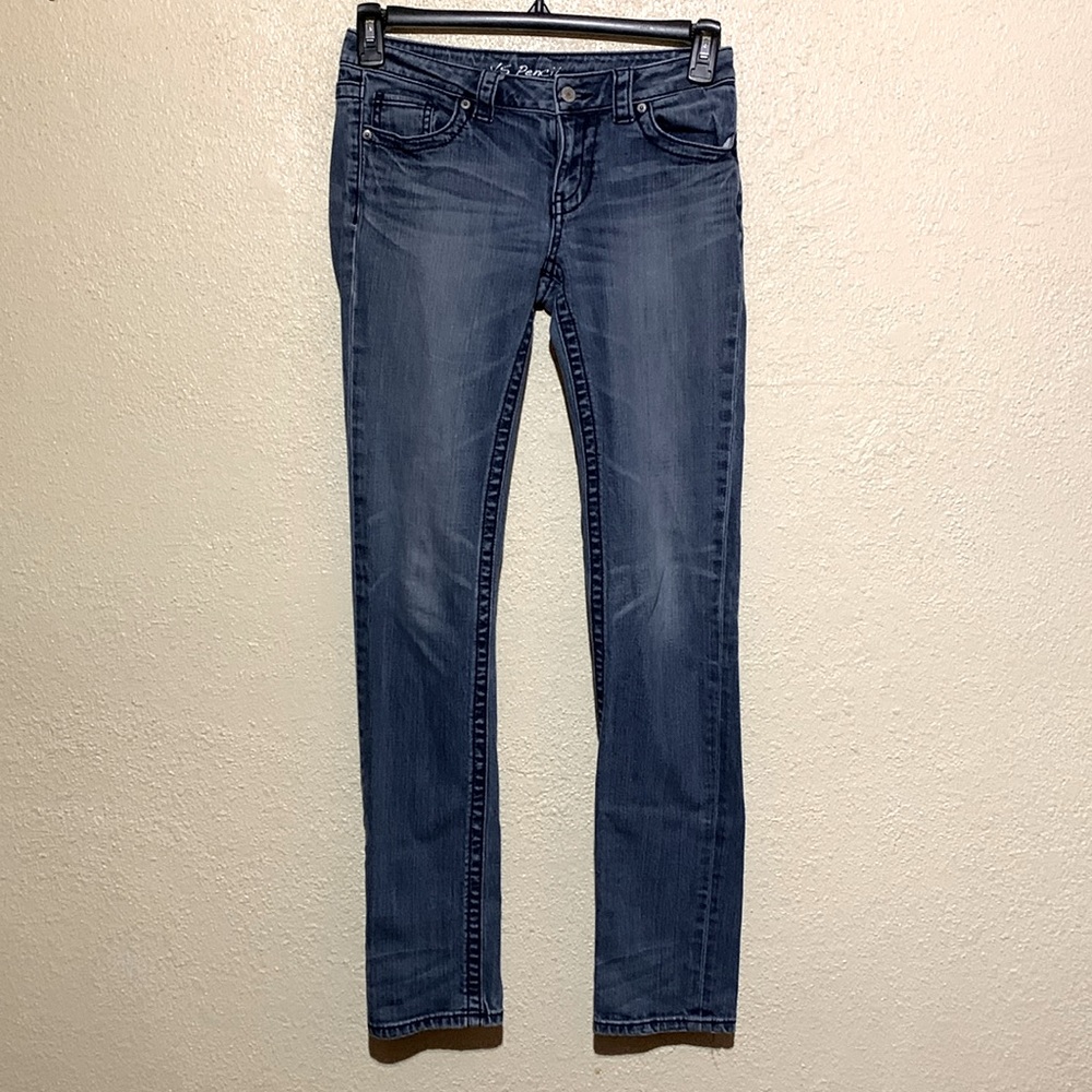 VS Pencil Jeans 2 Blue Embellished Flap Pockets Med Wash Low Rise Skinny